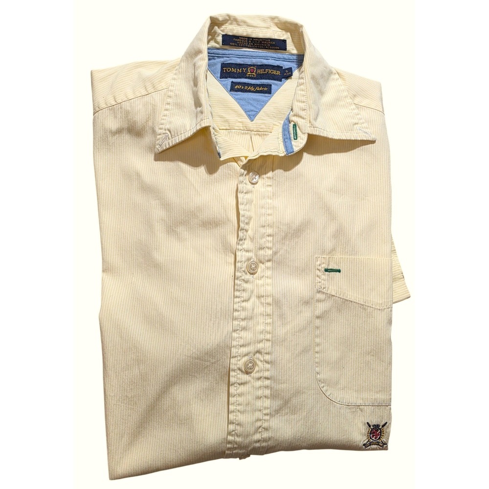 Tommy Hilfiger Golf Shirt Mens Small Yellow Striped Button Down 80s 2-Ply Cotton